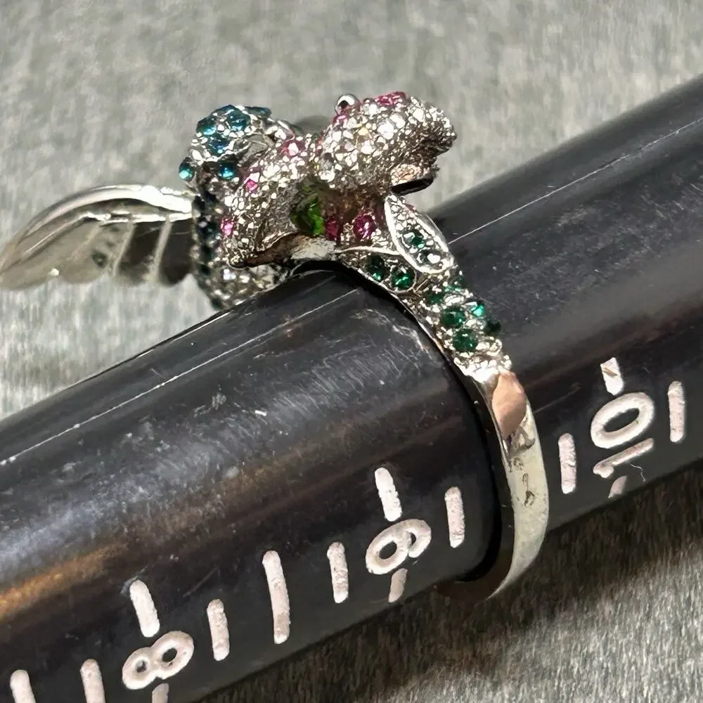 Hummingbird Cocktail Ring Size 9.5 Colorful CZ Flower Pave Bird Band Statement